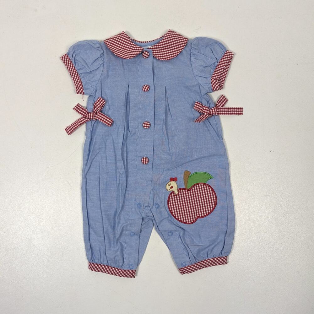 Vintage Starting Out Jumpsuit Baby Girls Size 3m Chambray Apple Fall School